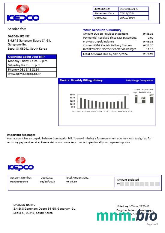Korea Południowa Electric Power Corporation electricity rachunek za usługi komunalne szablon w formacie Word i PDF